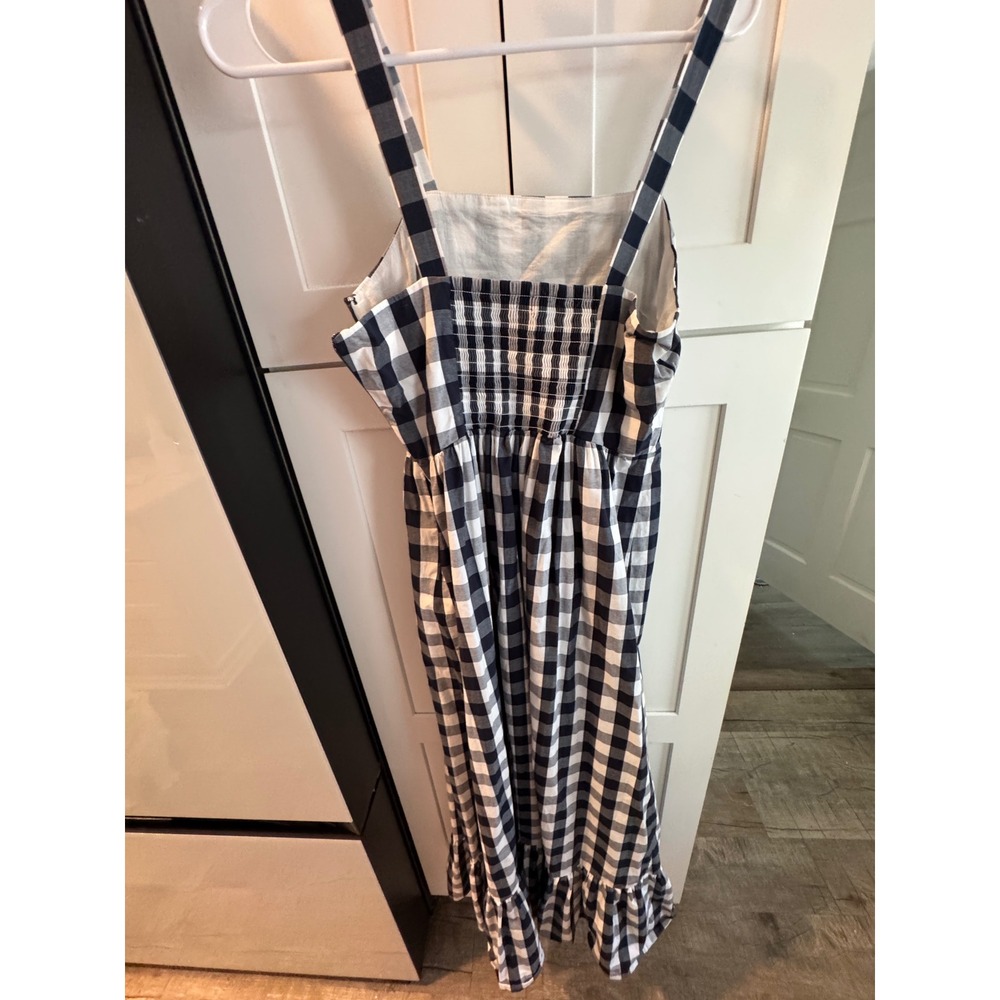 J. Crew Navy White Gingham Plaid Smocked Midi Dress Ruffle Hem Pockets XS - Picture 6 of 6